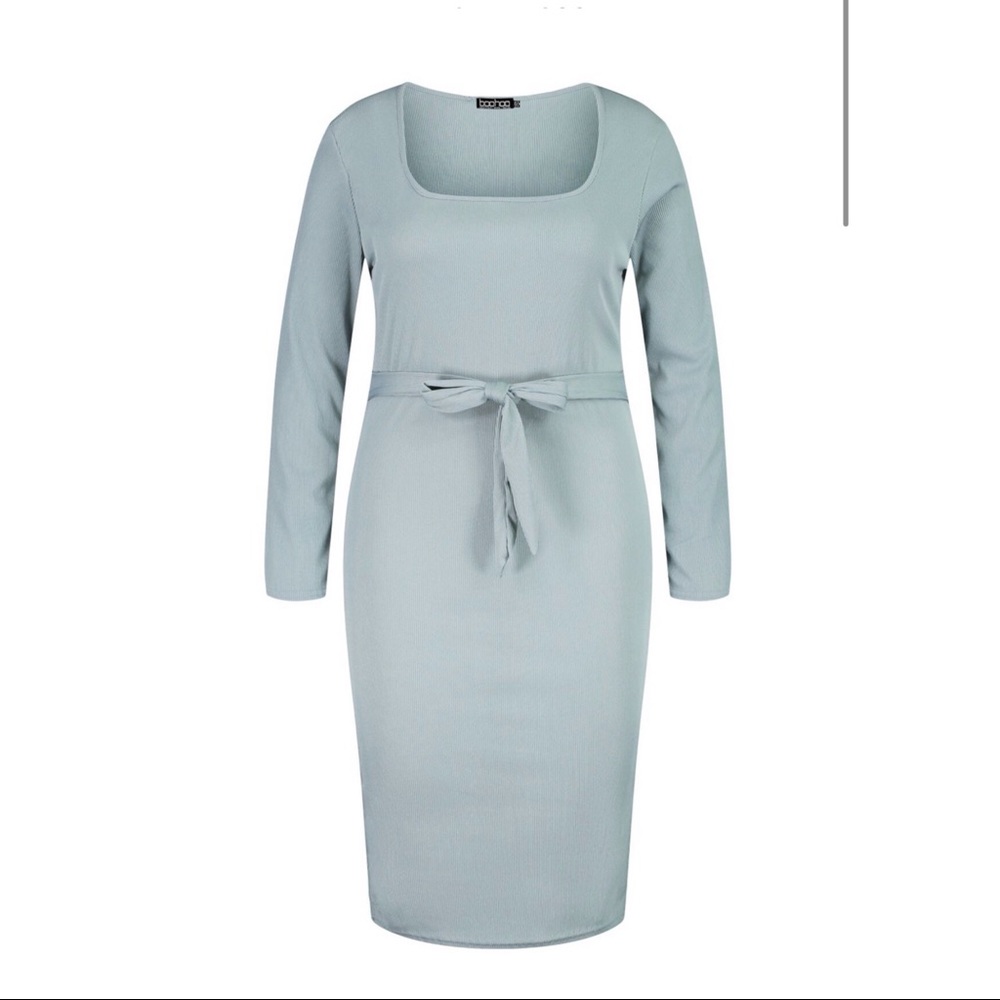 Rib long sleeve square neck midi dress